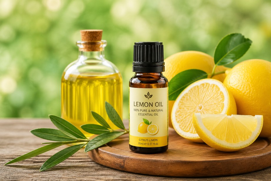Pure lemon essential oil bottle with sliced lemons