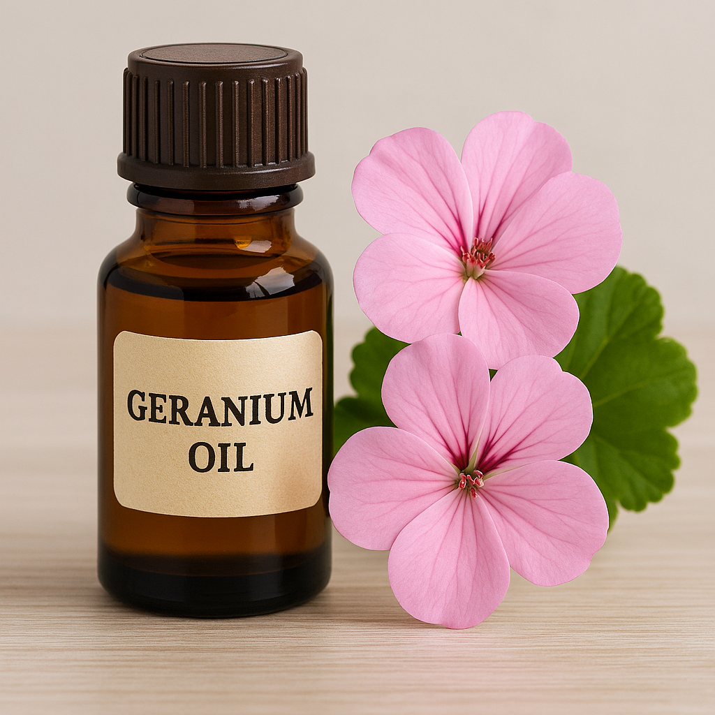 geranium oil bottle with flowers natural skincare