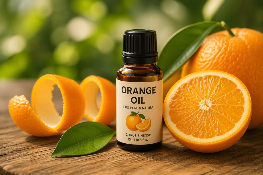 Orange essential oil bottle with fresh orange slices and green leaves on a natural wooden background