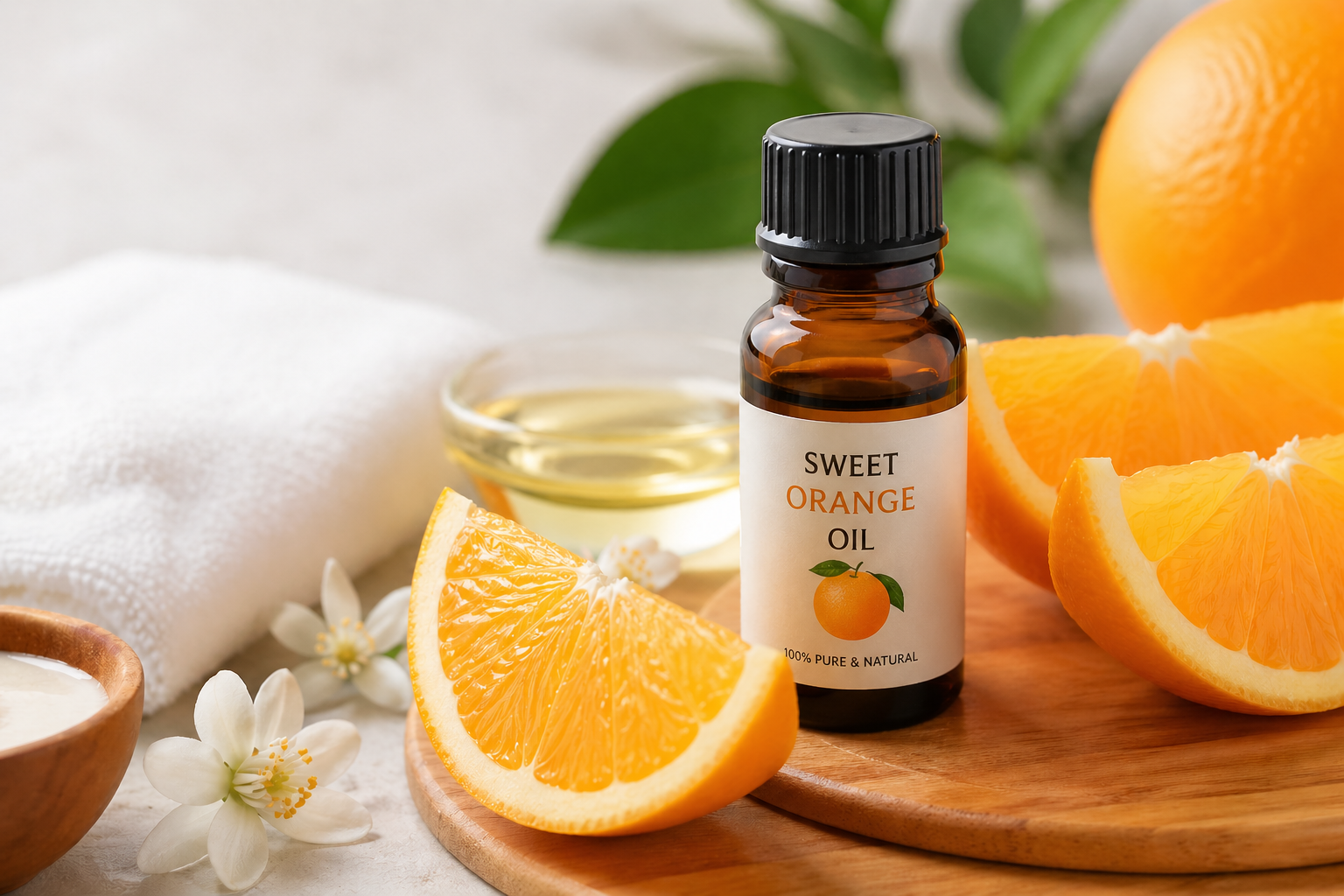 Sweet orange oil bottle with fresh oranges in a natural skincare setting.