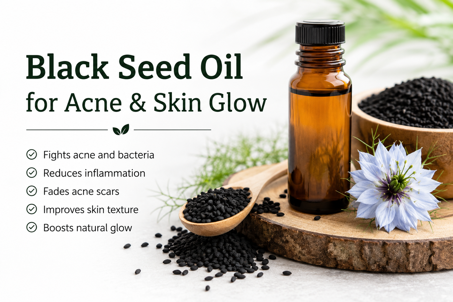 Black seed oil bottle with black seeds showing natural benefits for acne treatment and glowing skin