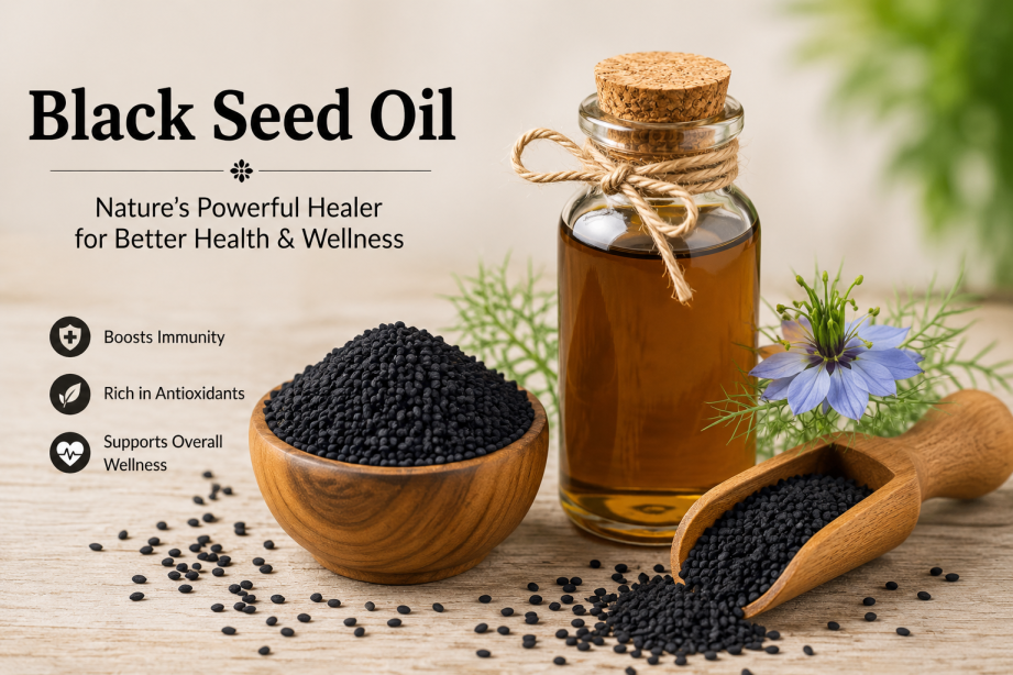 Black Seed Oil in a glass bottle with black cumin seeds and natural herbs displayed on a wooden surface, highlighting health and wellness benefits.