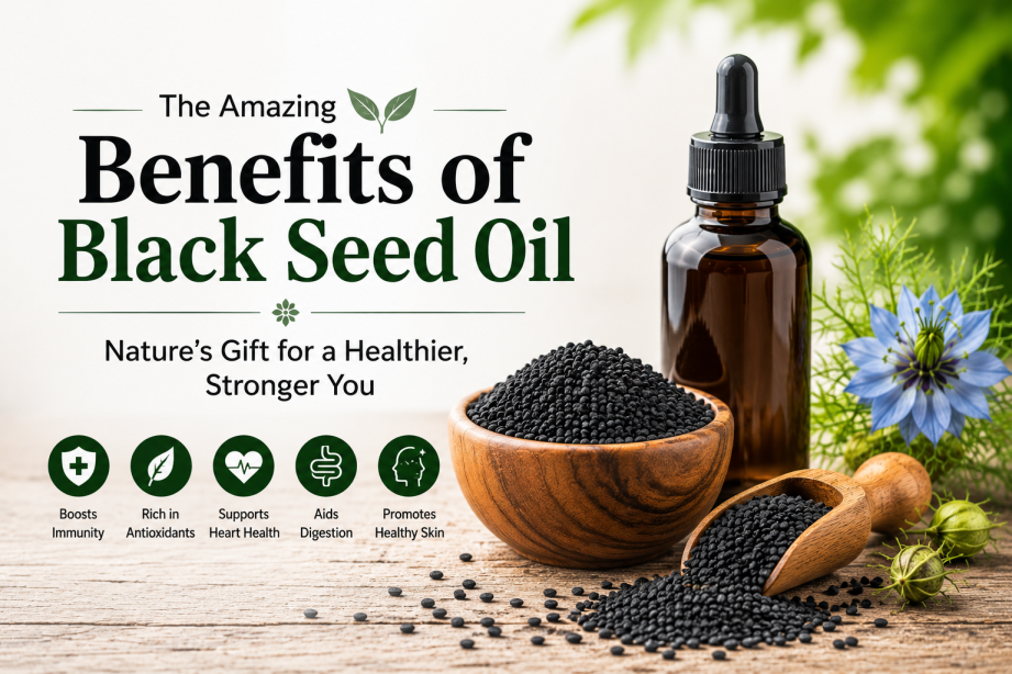 Black seed oil bottle with black cumin seeds and herbal elements displayed in a wellness-themed featured image.