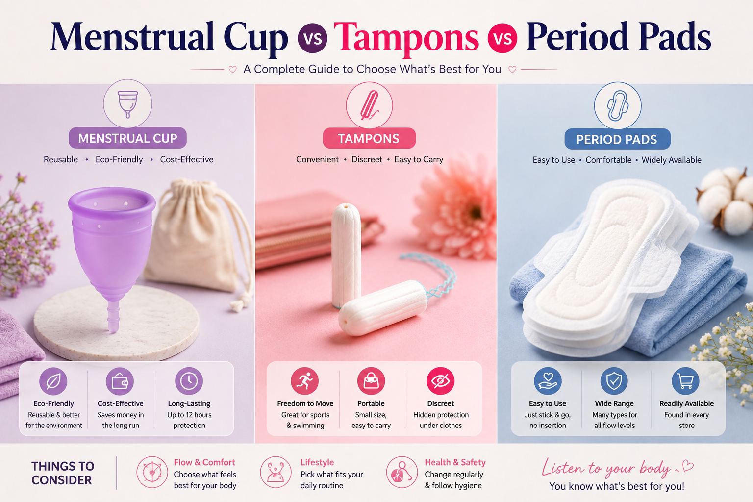 Choosing between menstrual cups, tampons, and period pads