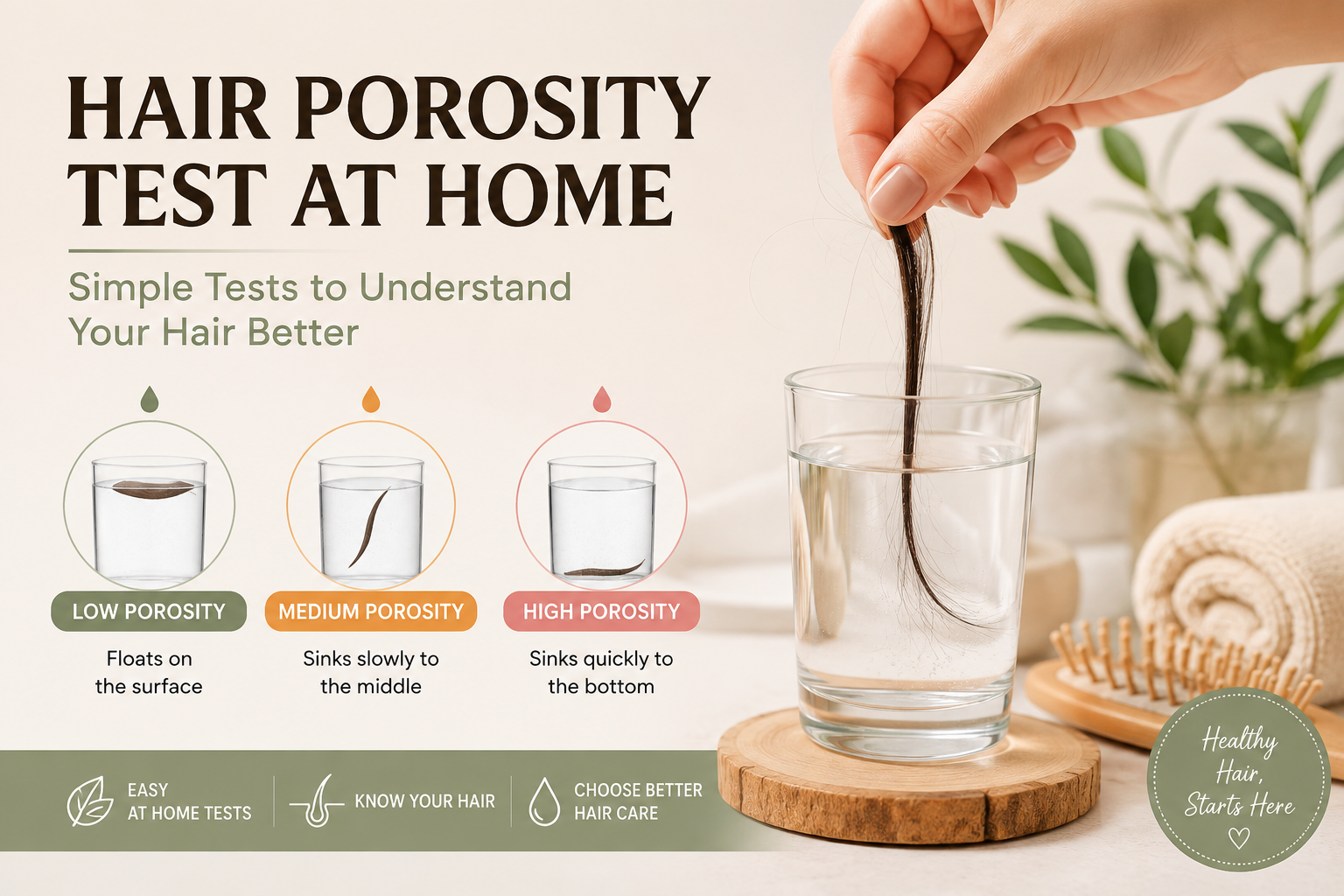 Hair porosity test at home showing low, medium, and high porosity results