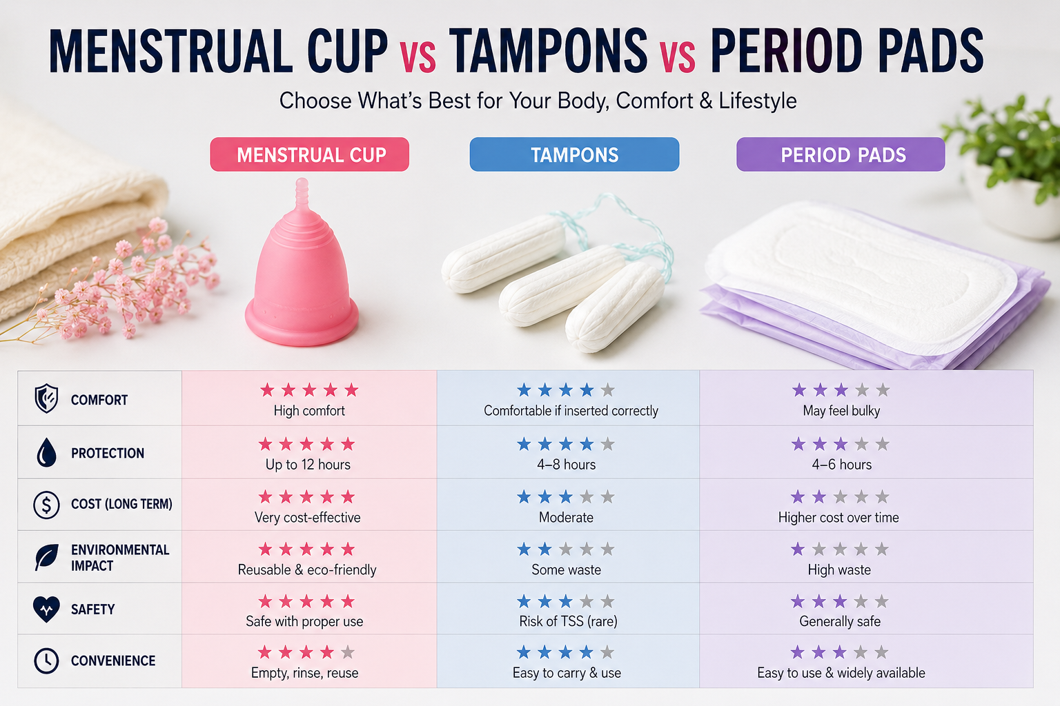 Menstrual Cup vs Tampons vs Period Pads detailed comparison chart